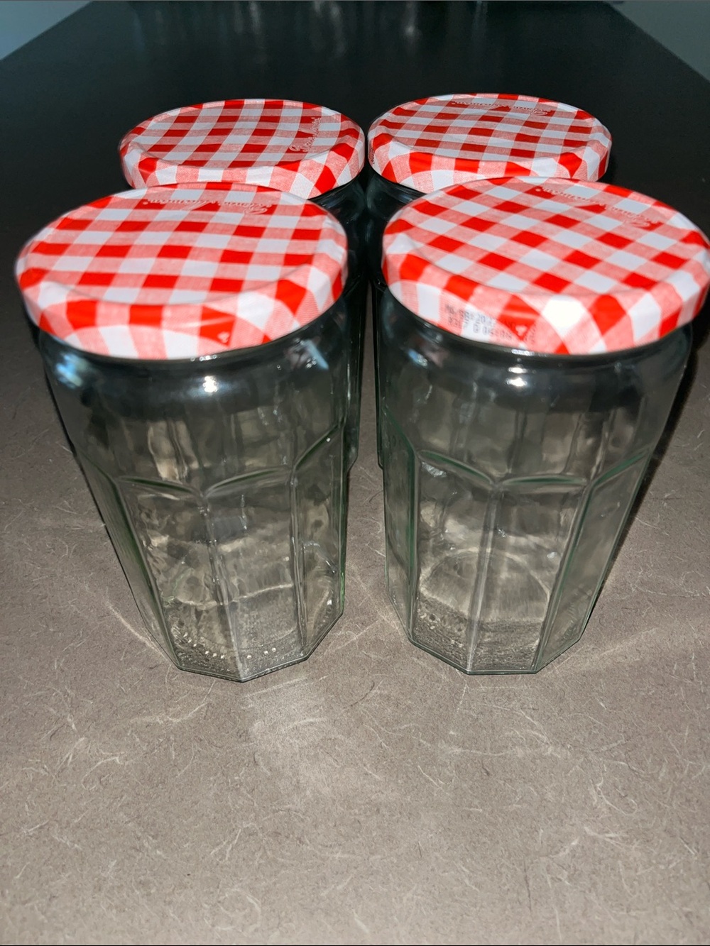 Glass Jam Jars with Red Checkered Lids - Set of 4 7”x3 3/4”